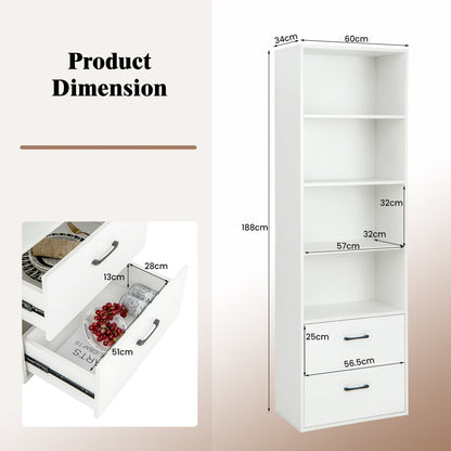 6-Tier Modern Wooden Bookshelf with 4 Open Shelves and 2 Drawers-White
