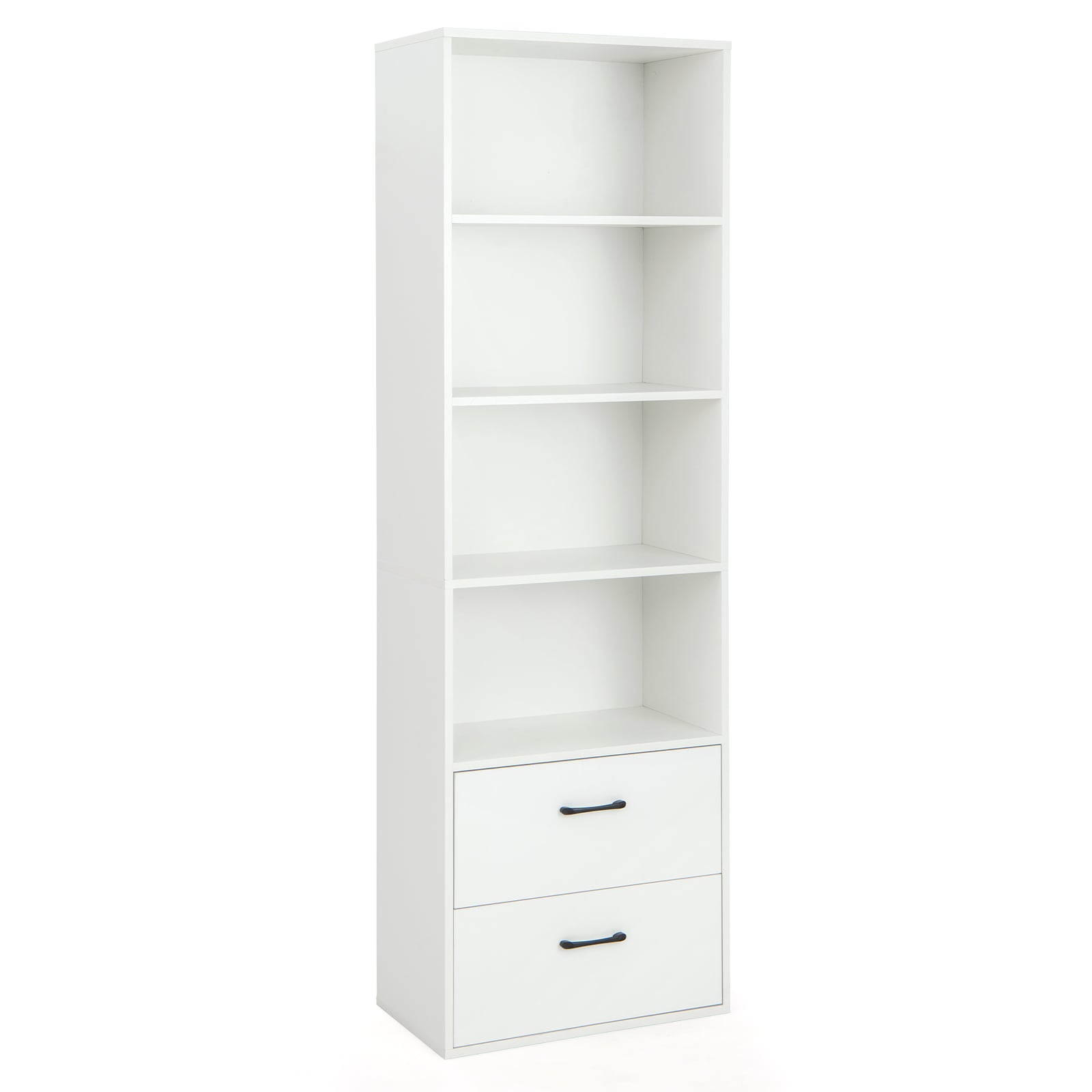 6-Tier Modern Wooden Bookshelf with 4 Open Shelves and 2 Drawers-White