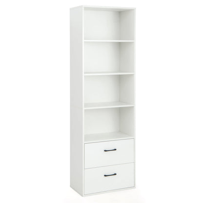 6-Tier Modern Wooden Bookshelf with 4 Open Shelves and 2 Drawers-White