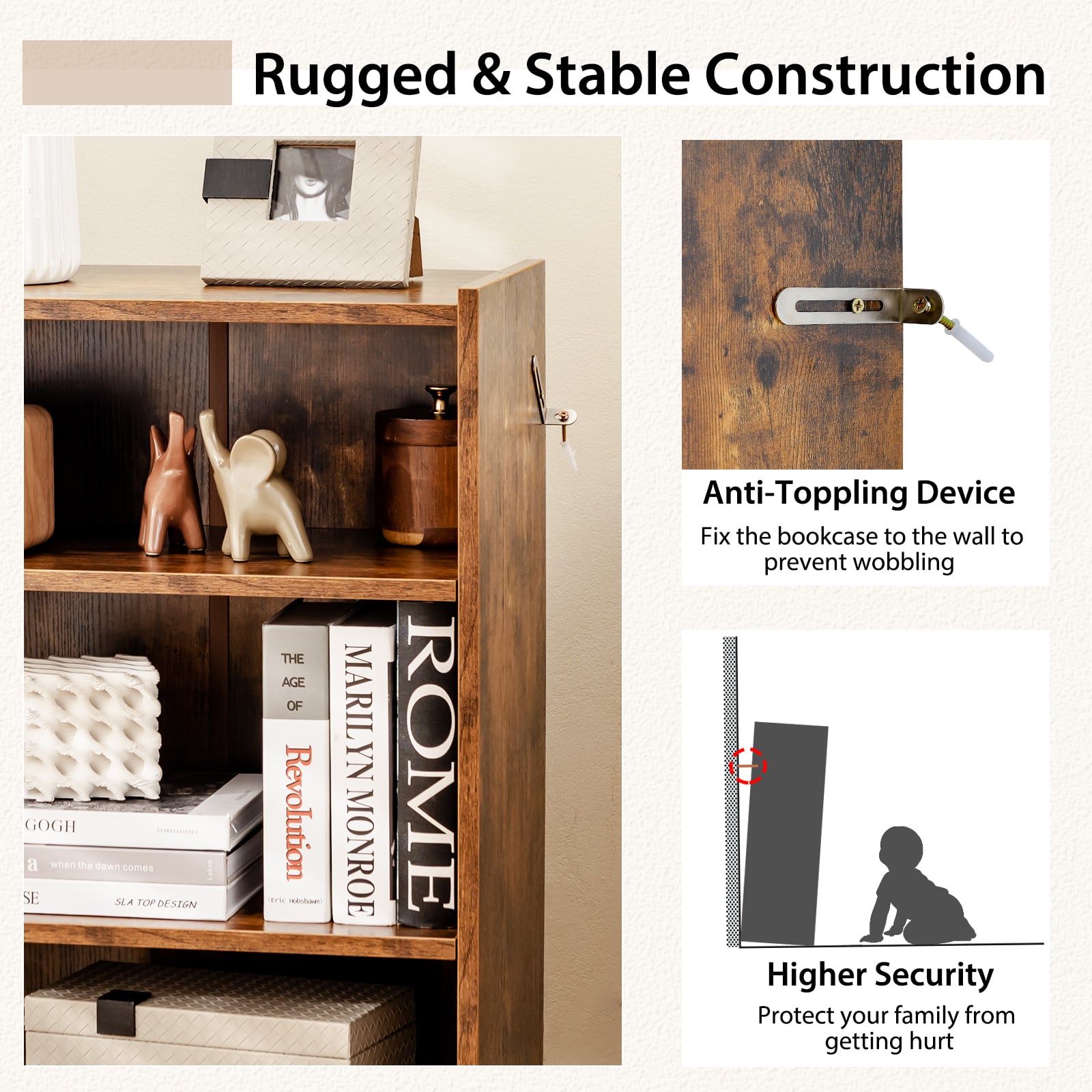 3-Tier Floor Standing Open Bookshelf with Anti-toppling Device-Rustic Brown