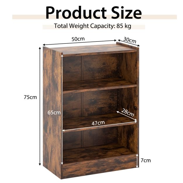 3-Tier Bookcase Open Display Rack Cabinet with Adjustable Shelves-Rustic Brown