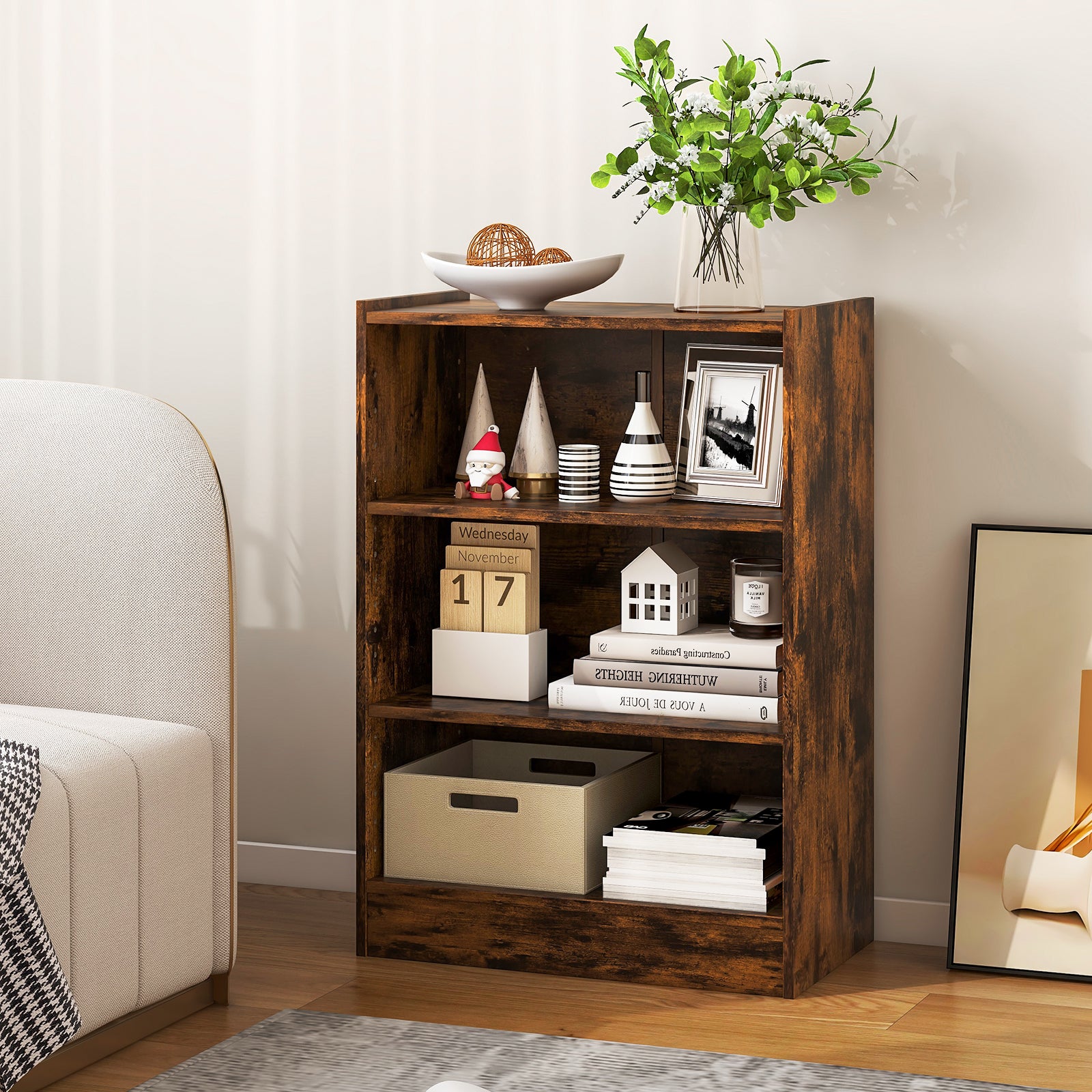 3-Tier Floor Standing Open Bookshelf with Anti-toppling Device-Rustic Brown