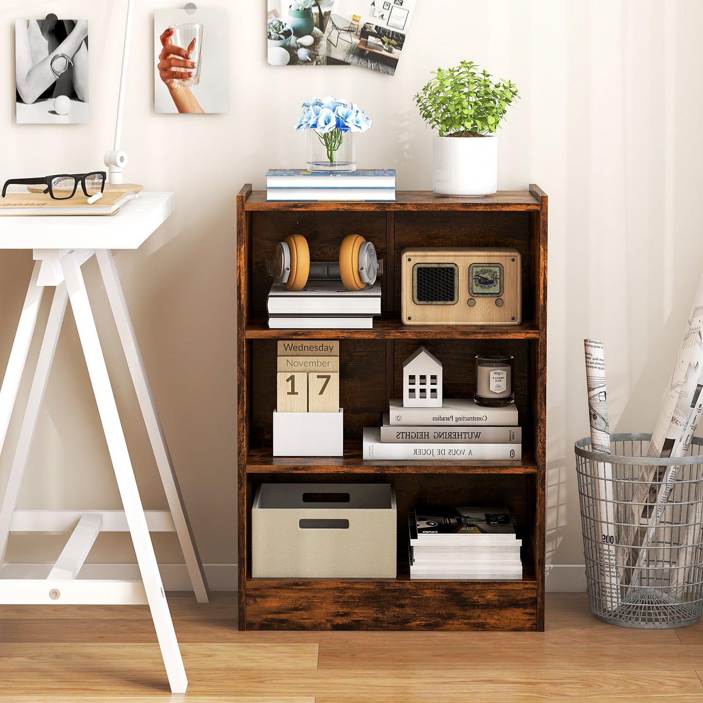 3-Tier Floor Standing Open Bookshelf with Anti-toppling Device-Rustic Brown