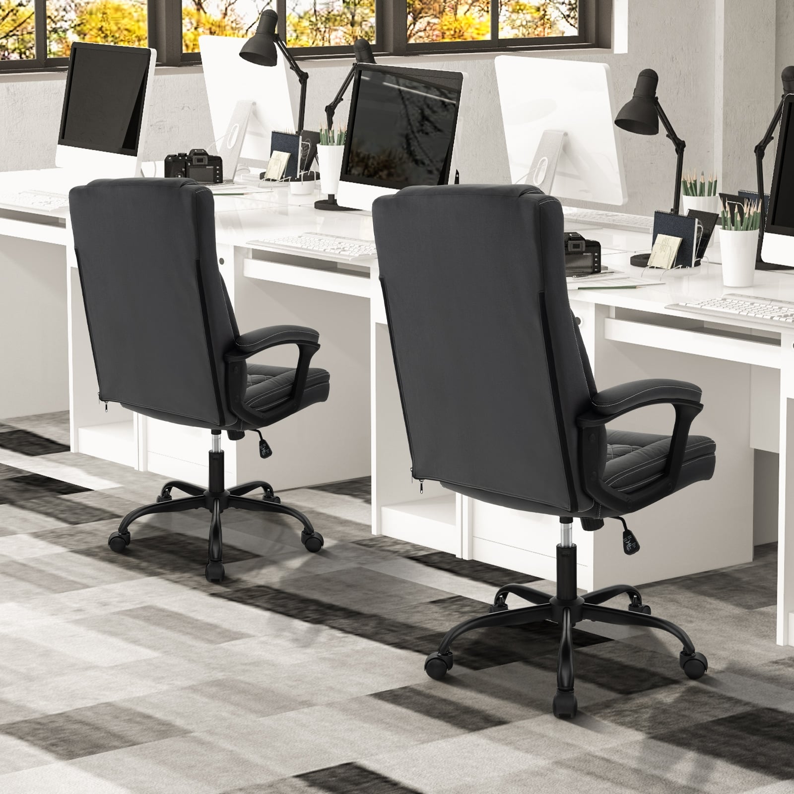 Swivel Office Chair with Padded Armrests and Rolling Metal Base-Black