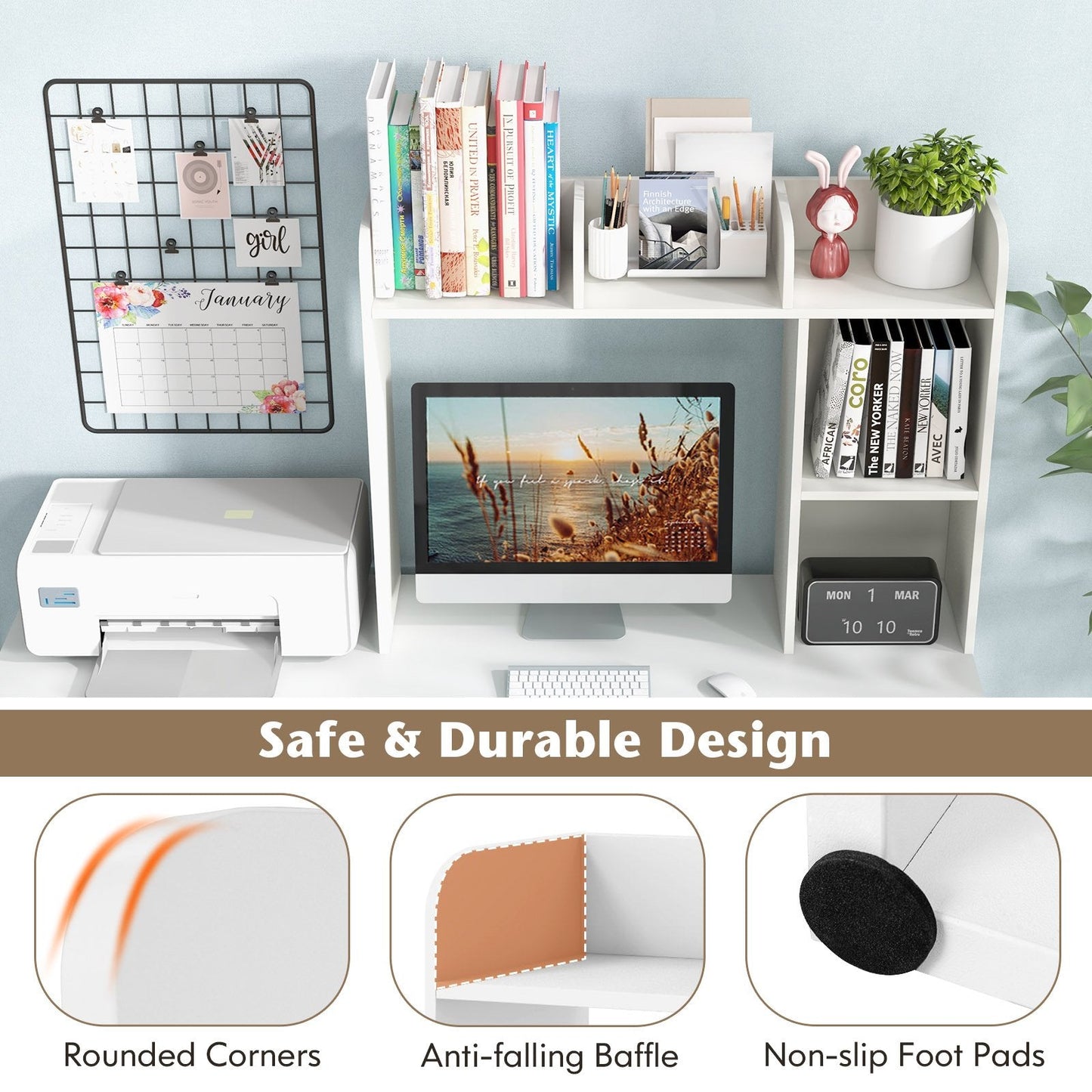 Wooden Desk Bookshelf with 4 Shelves and Open Back Compartment-White