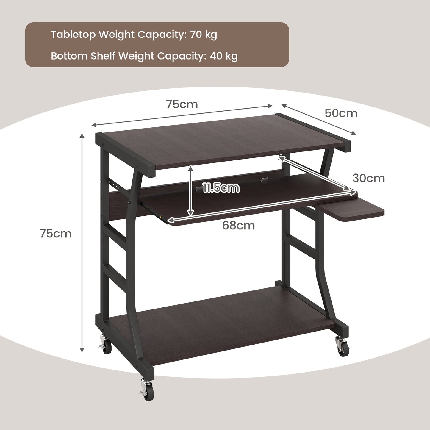 29.5" Computer Desk with Pull-out Keyboard Tray and Wheels