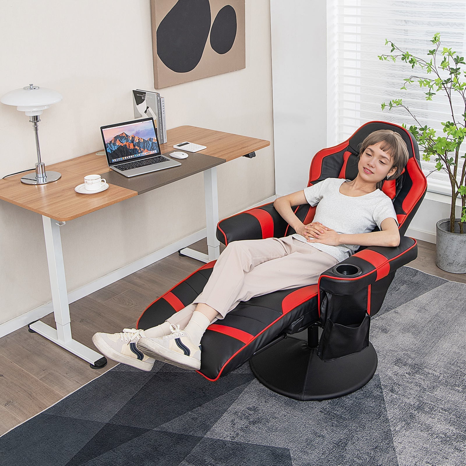 Electric Massage Gaming Chair with Cup Holder and Side Pouch-Red
