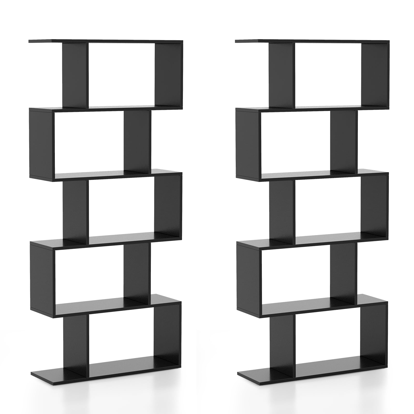Geometric S-Shaped Bookcase with Anti-Toppling Device for Living Room Home Office-Black