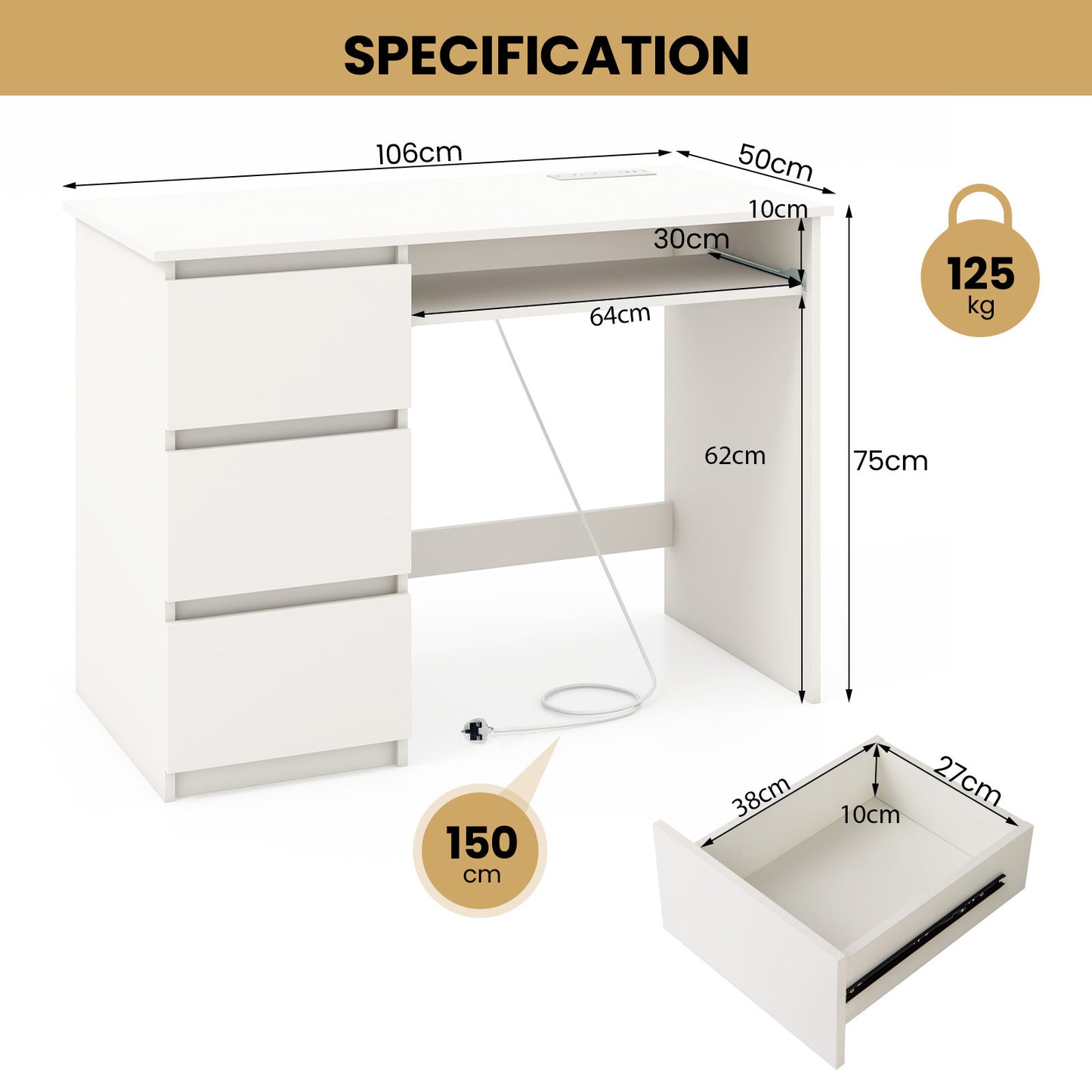 Computer Desk with 3 Large Drawers and Power Outlet-White