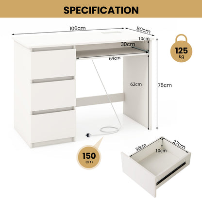 Computer Desk with 3 Large Drawers and Power Outlet-White