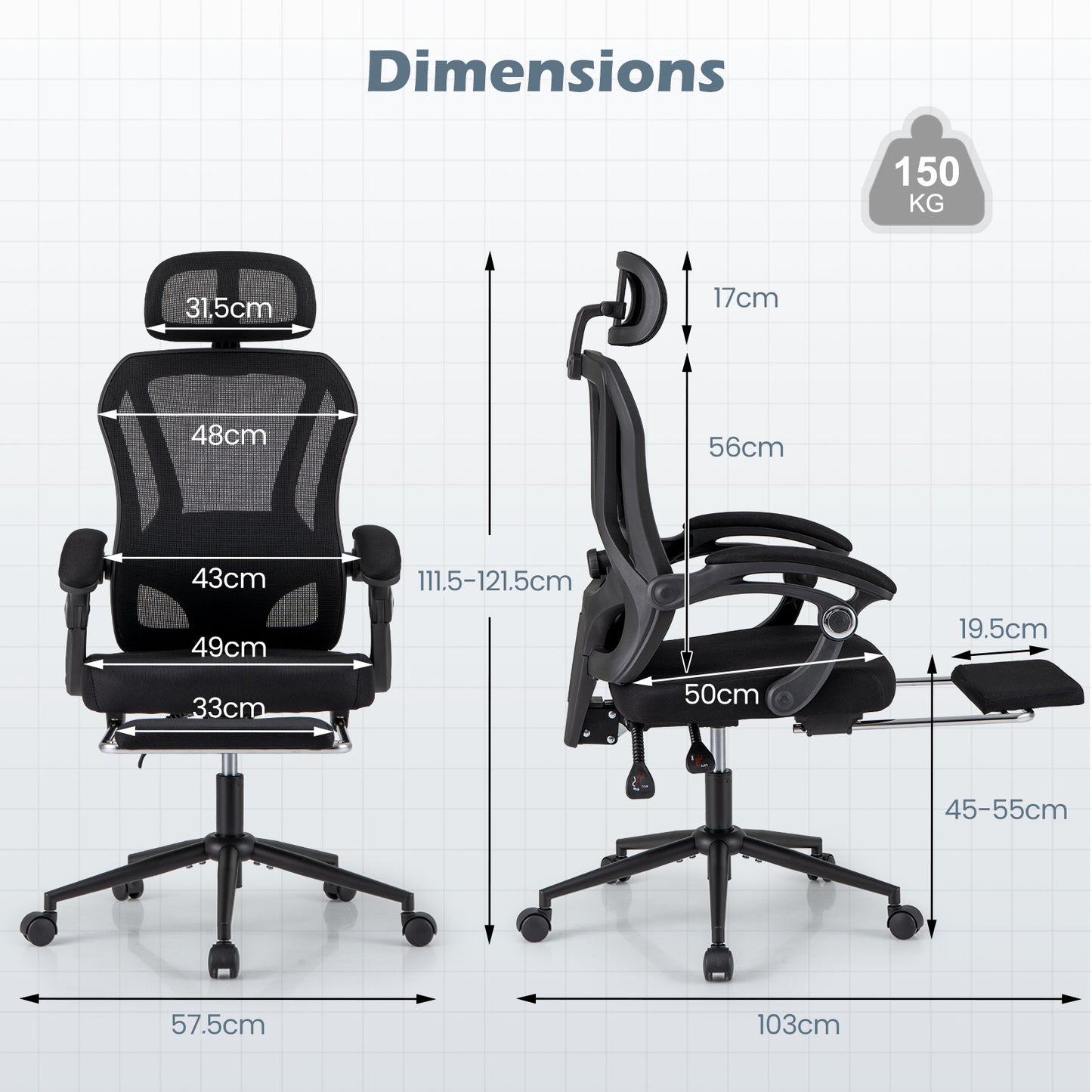 Ergonomic Mesh Office Chair with 2D Headrest and Retractable Footrest-Black