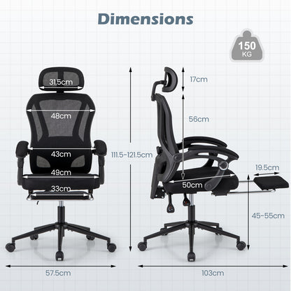 Ergonomic Mesh Office Chair with 2D Headrest and Retractable Footrest-Black
