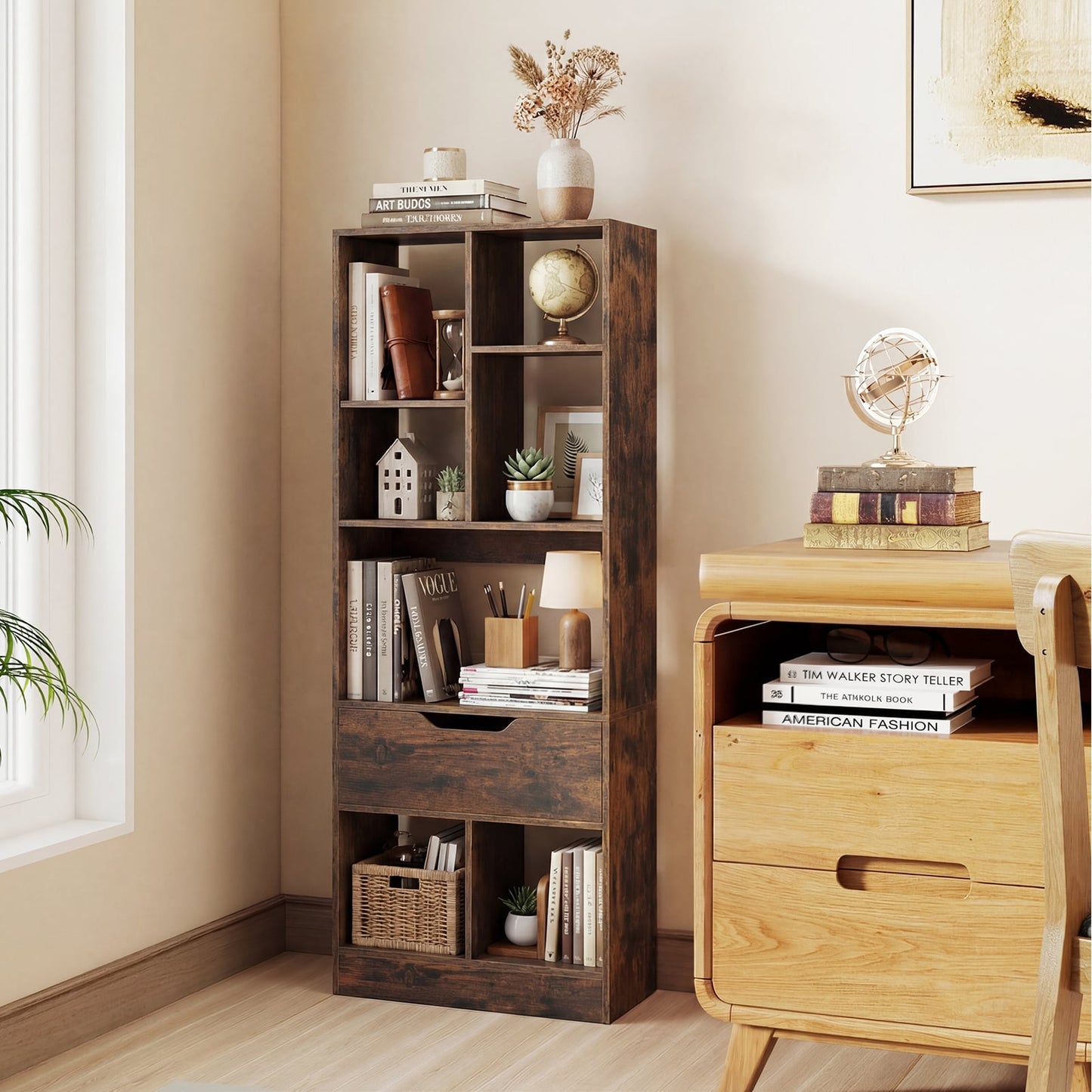 Tall Freestanding Bookshelf with 7 Open Cubes and Anti-toppling Kits for Living Room-Rustic Brown