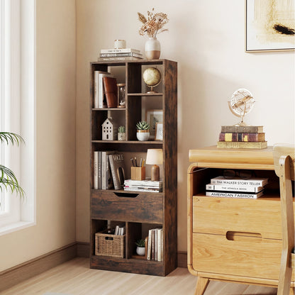 Tall Freestanding Bookshelf with 7 Open Cubes and Anti-toppling Kits for Living Room-Rustic Brown