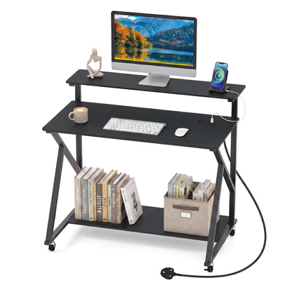 Mobile Computer Desk with Power Outlets Monitor Stand and Storage Shelf-Black