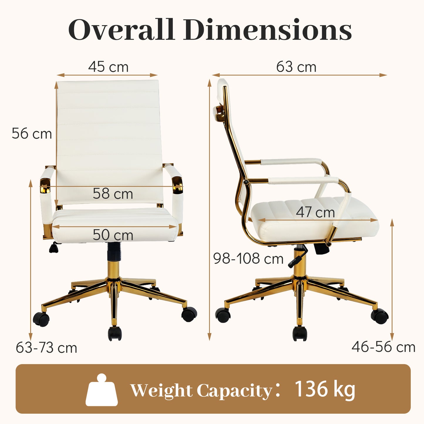 White Gold Office Chair with Ribbed PU Leather & Adjustable Backrest for Indoor-White