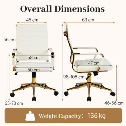 White Gold Office Chair with Ribbed PU Leather & Adjustable Backrest for Indoor-White