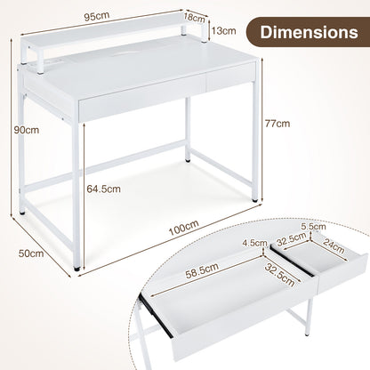Computer Desk with Power Outlets Compact Office Desk with Removable Monitor Stand-White