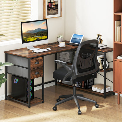 L Shaped Desk with Charging Station and 2 Fabric Drawers for Small Space-Rustic Brown