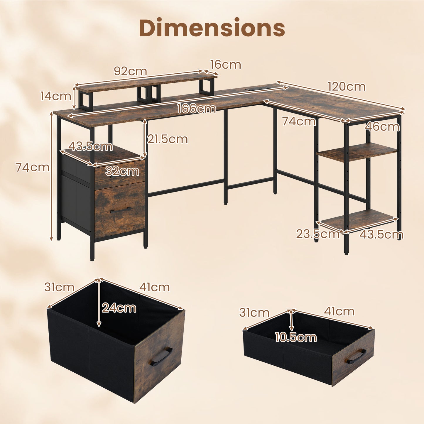 L-shaped Desk with Power Outlets Monitor Stand 2 Drawers and Adjustable Shelf-Rustic Brown