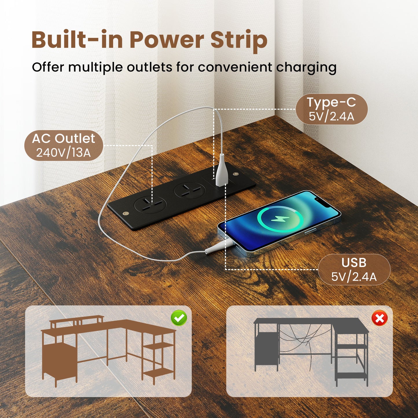 L-shaped Desk with Power Outlets Monitor Stand 2 Drawers and Adjustable Shelf-Rustic Brown