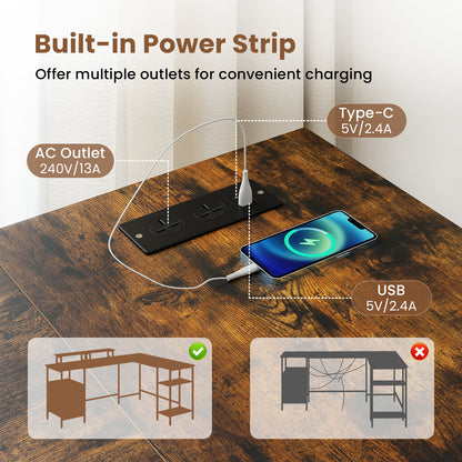 L-shaped Desk with Power Outlets Monitor Stand 2 Drawers and Adjustable Shelf-Rustic Brown