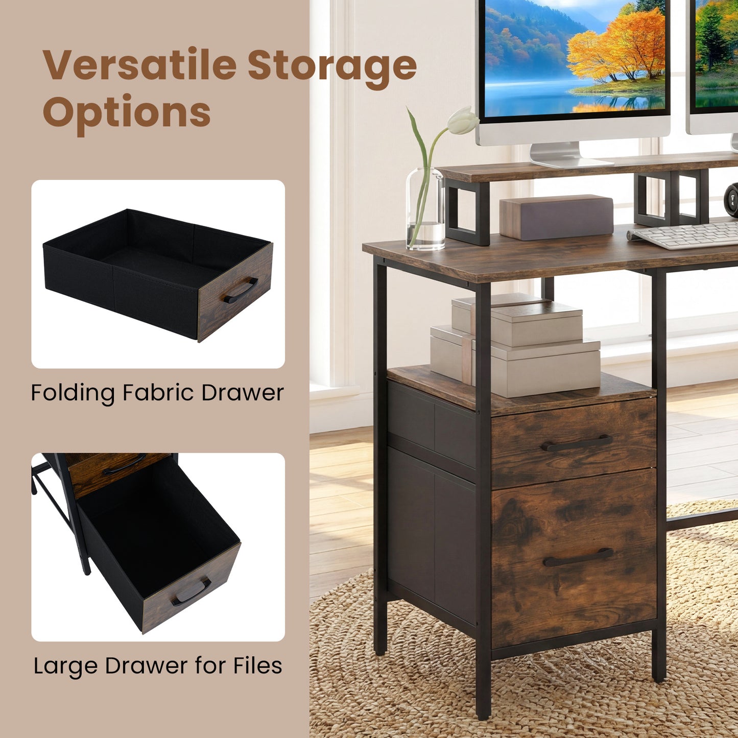 L-shaped Desk with Power Outlets Monitor Stand 2 Drawers and Adjustable Shelf-Rustic Brown
