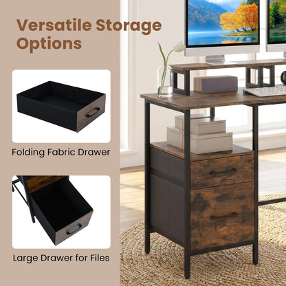 L-shaped Desk with Power Outlets Monitor Stand 2 Drawers and Adjustable Shelf-Rustic Brown