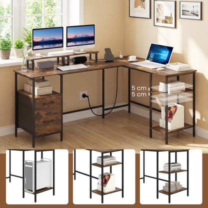 L-shaped Desk with Power Outlets Monitor Stand 2 Drawers and Adjustable Shelf-Rustic Brown