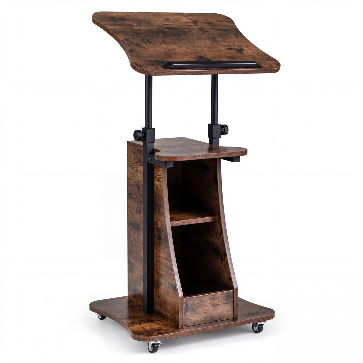 Rolling Podium Stand with Tilting Tabletop and Storage Shelves for Office-Rustic Brown