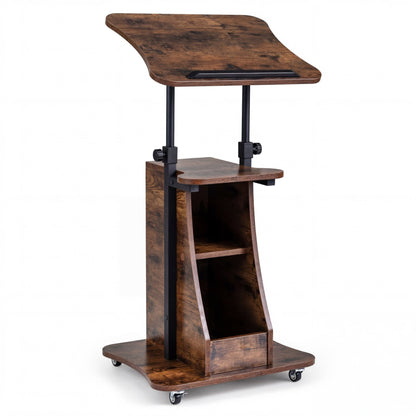 Rolling Podium Stand with Tilting Tabletop and Storage Shelves for Office-Rustic Brown
