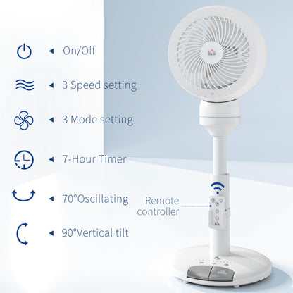 HOMCOM 9'' Air Circulator Fan 3 Speed 3 Mode, 70Â° Oscillation 90Â° Vertical Tilt, Remote Controller, for Living Room, Bedroom, Office, White