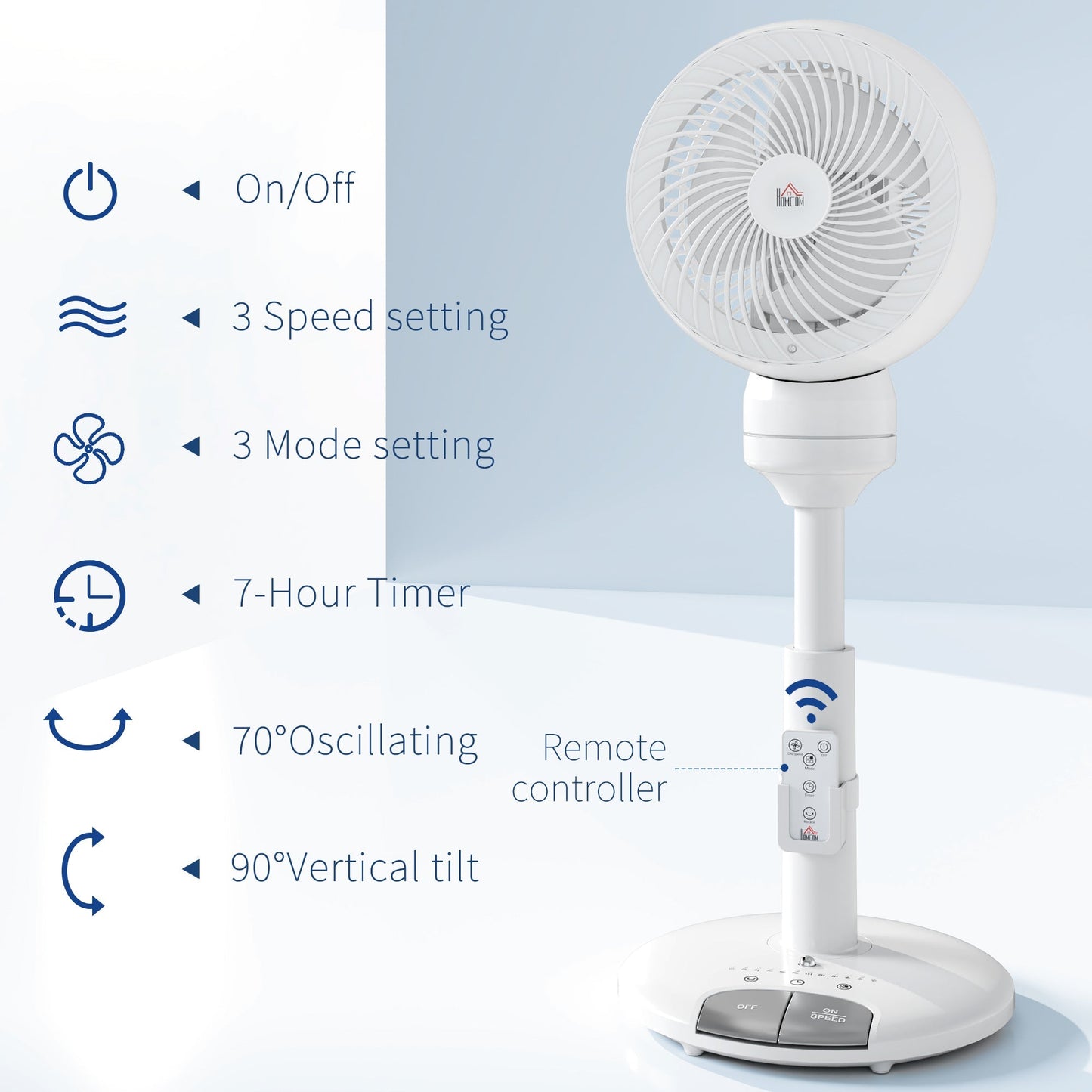 HOMCOM 9'' Air Circulator Fan 3 Speed 3 Mode, 70 degrees Oscillation 90 degrees Vertical Tilt, Remote Controller, for Living Room, Bedroom, Office, White