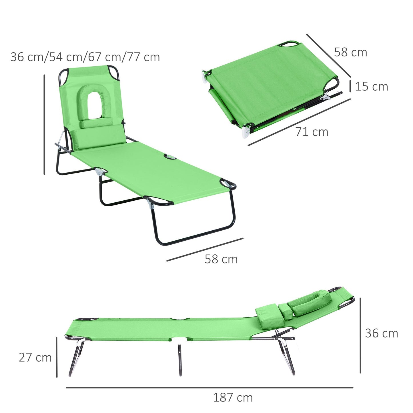 Outsunny Outdoor Folding Sun Lounger with Face Hole, 4 Level Adjustable Backrest Reclining Garden Lounger, Garden Recliner Sunbed with 600 D Oxford Cloth Seat and Pillow for Beach, Green
