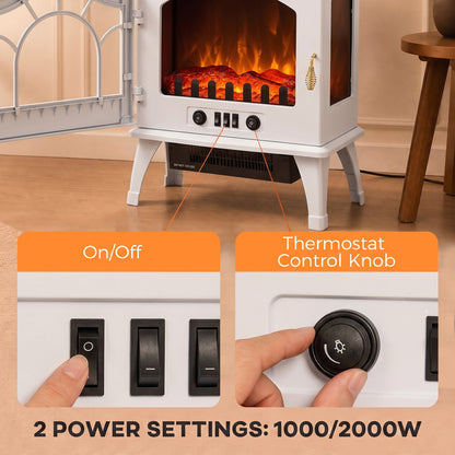 HOMCOM 3-Sided Glass Electric Fire Fan Heater, Electric Fireplace Stove Freestanding Log Burner with Flame Effect, White