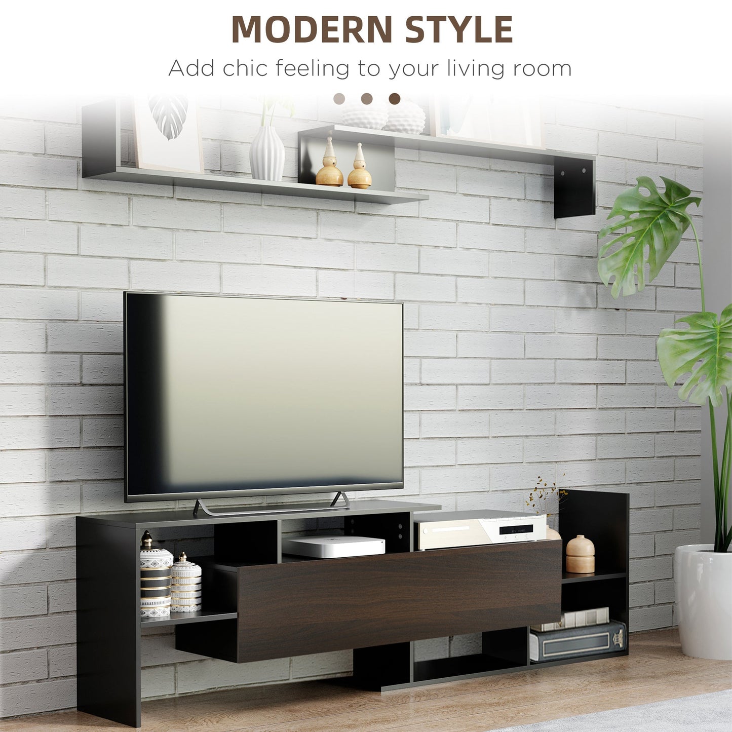 HOMCOM TV Cabinet with Wall Shelf for Wall-Mounted 65" TVs or Standing 40" TVs - Black and Dark Brown