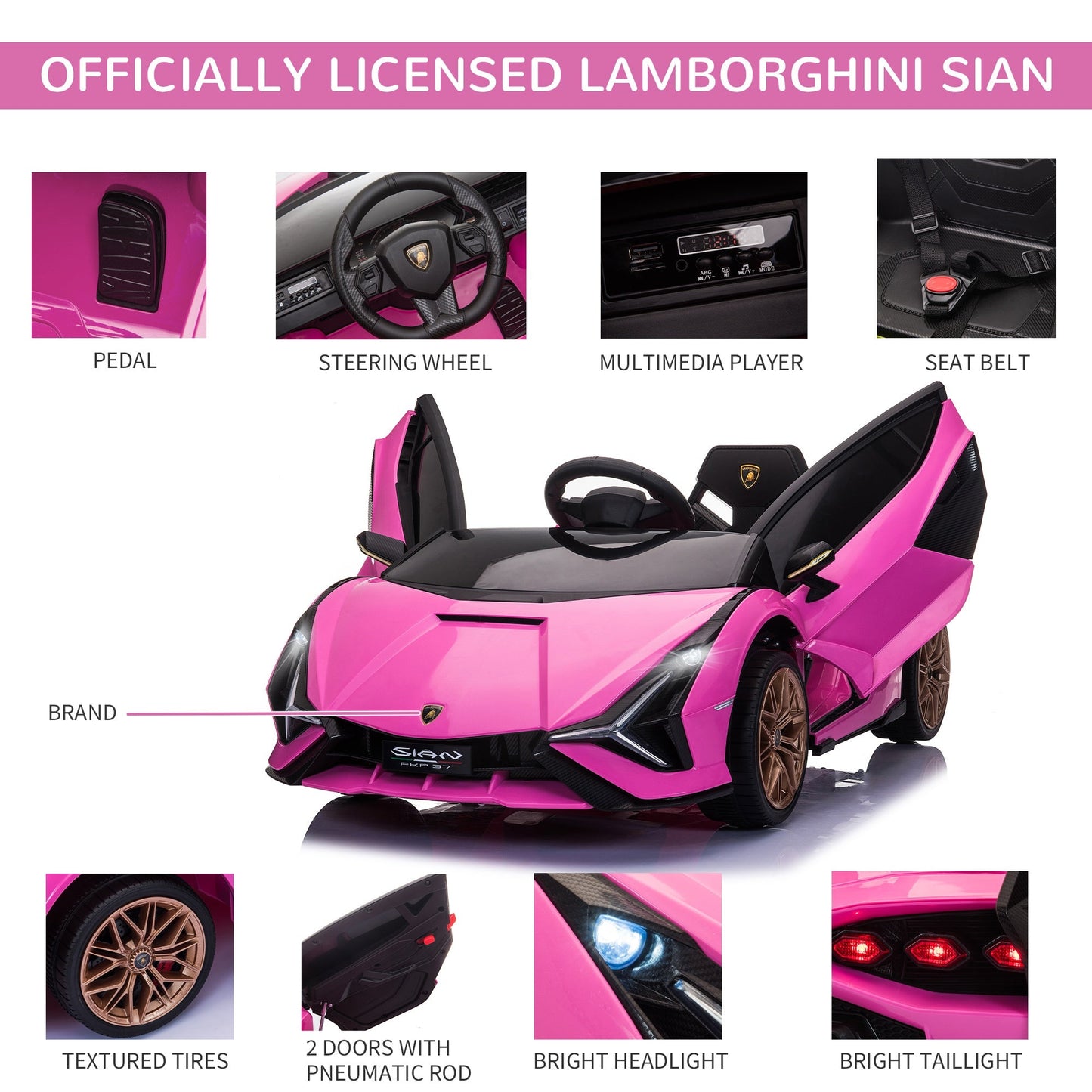 12V Battery-powered Kids Electric Ride On Car Lamborghini SIAN Toy with Parental Remote Control Lights MP3 for 3-5 Years Old Pink