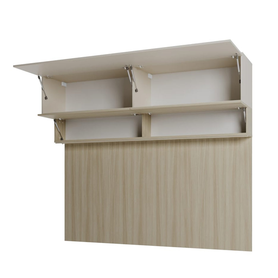 Beige wall-mounted storage unit with a shelf on a white background