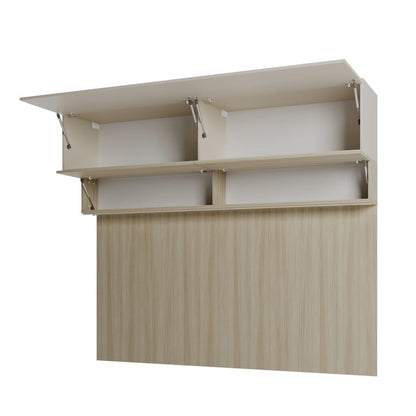 Beige wall-mounted storage unit with a shelf on a white background