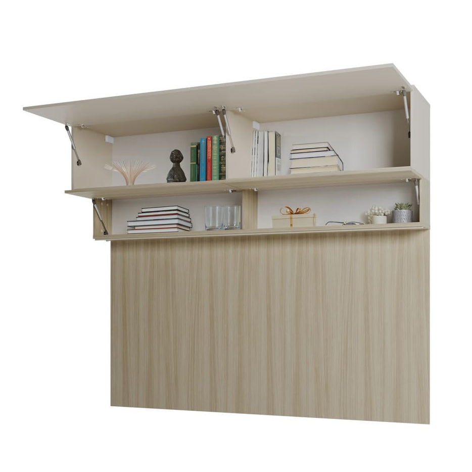 Beige wall-mounted cabinet with open shelves on a white background