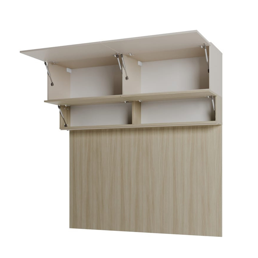 Wooden storage unit with open shelves on a white background