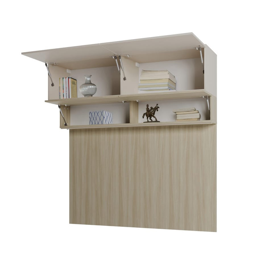 Wall-mounted bookshelf with decorative items on a white background