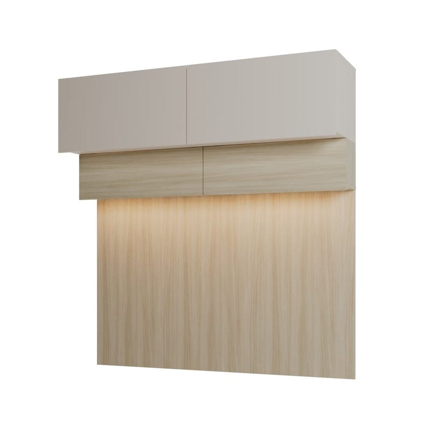 Modern wall-mounted light fixture with a wooden finish on a white background