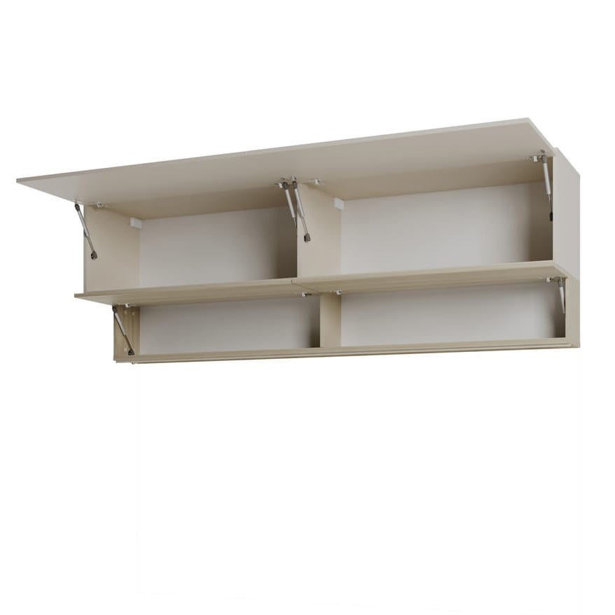 Beige wall-mounted storage unit with a shelf on a white background