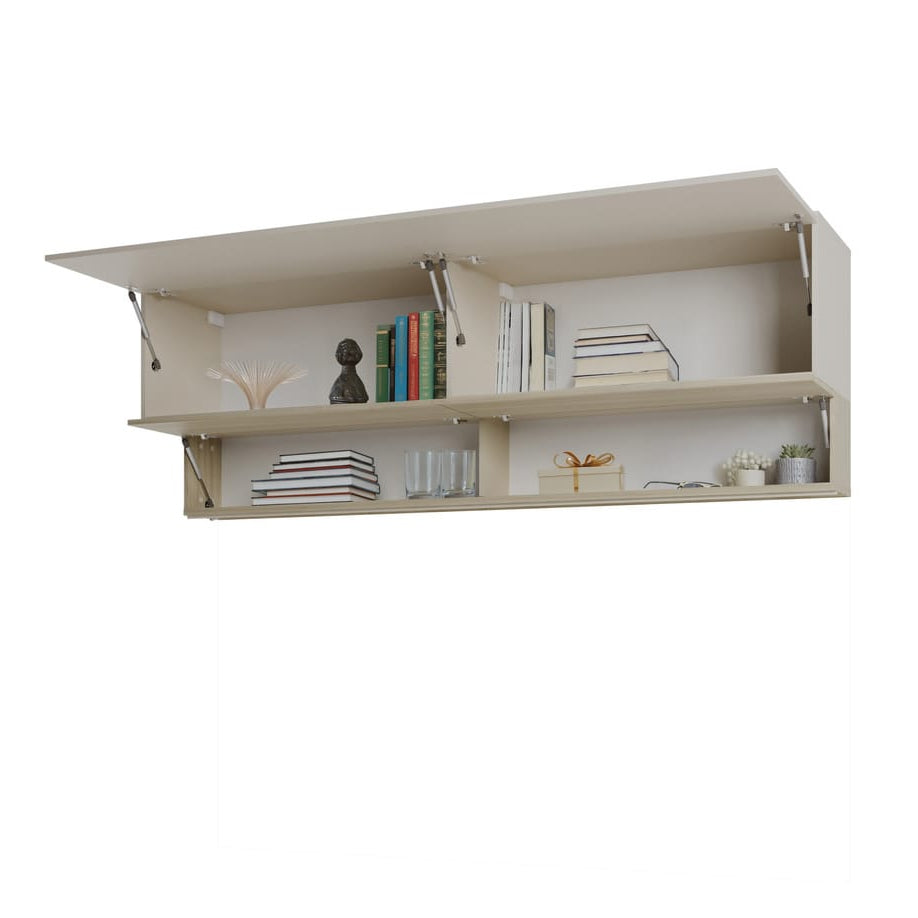 Beige wall-mounted shelf with decorative items on a white background