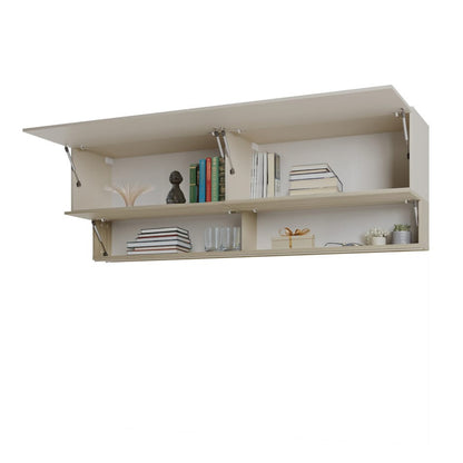 Beige wall-mounted shelf with decorative items on a white background