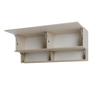 Beige wall-mounted cabinet with open doors on a white background