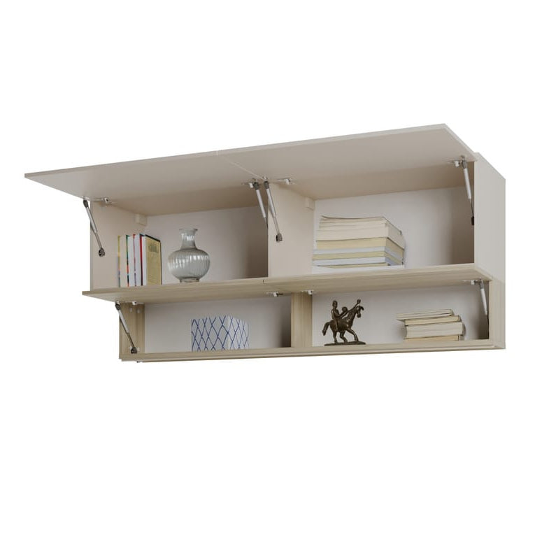 Beige wall-mounted shelf with decorative items on a white background