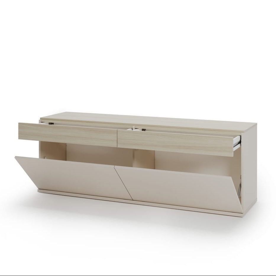 Light wood storage unit with sliding doors on a white background