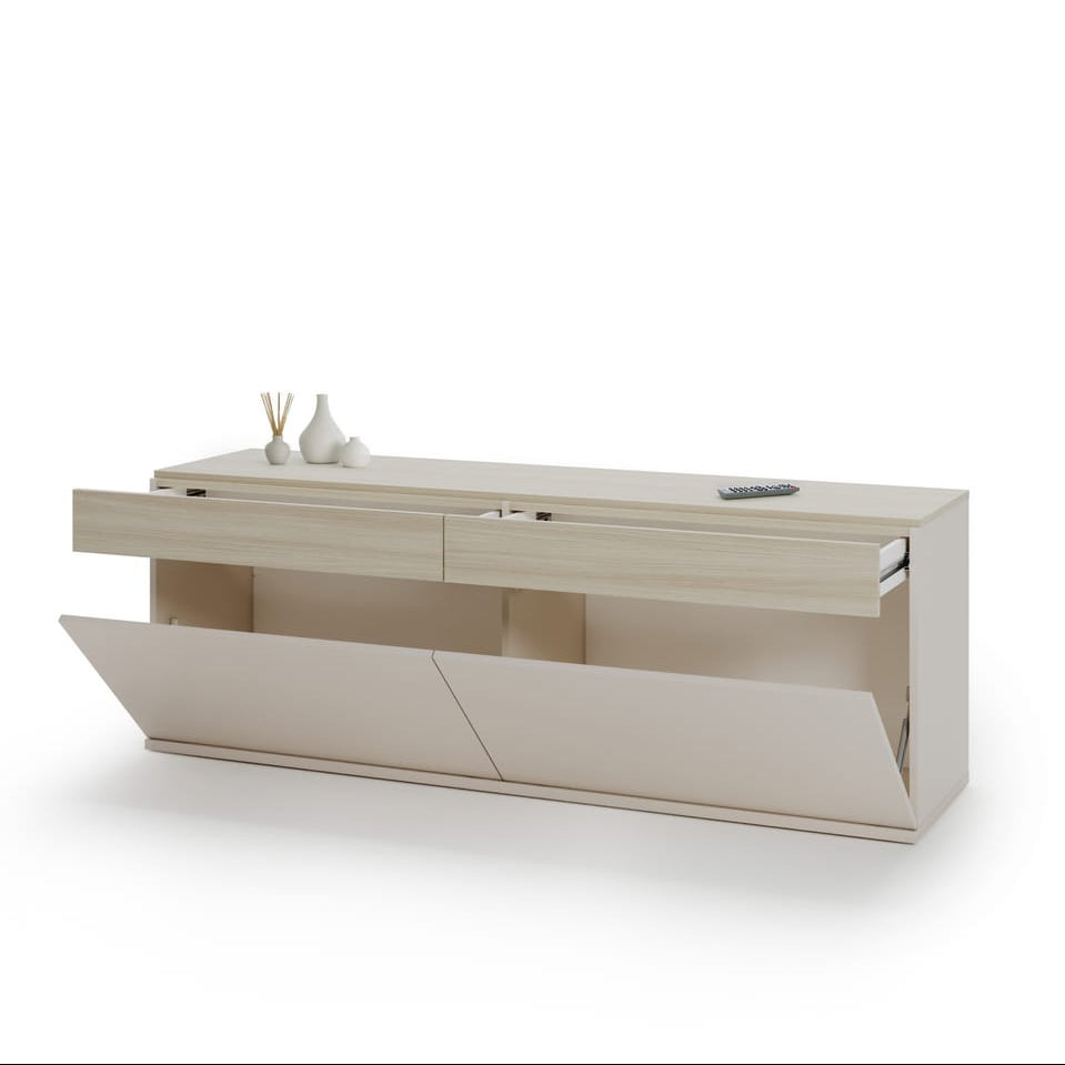Beige office desk with drawers and a white background